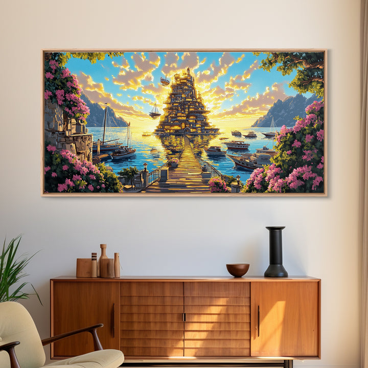 Golden Floating Temple At Sunset Wall Art, Fantasy Coastal Landscape Canvas, Dreamy Ocean Decor, Large Living Room Art Print
