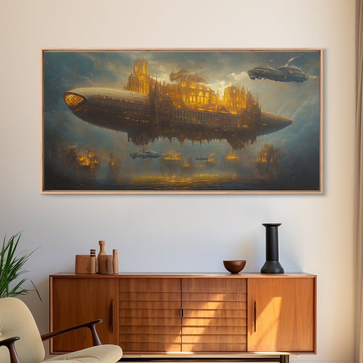 Golden Steampunk Airship City Framed Canvas Print, Futuristic Sci Fi Wall Decor, Dark Fantasy Art For Office Decor, Gift For Him