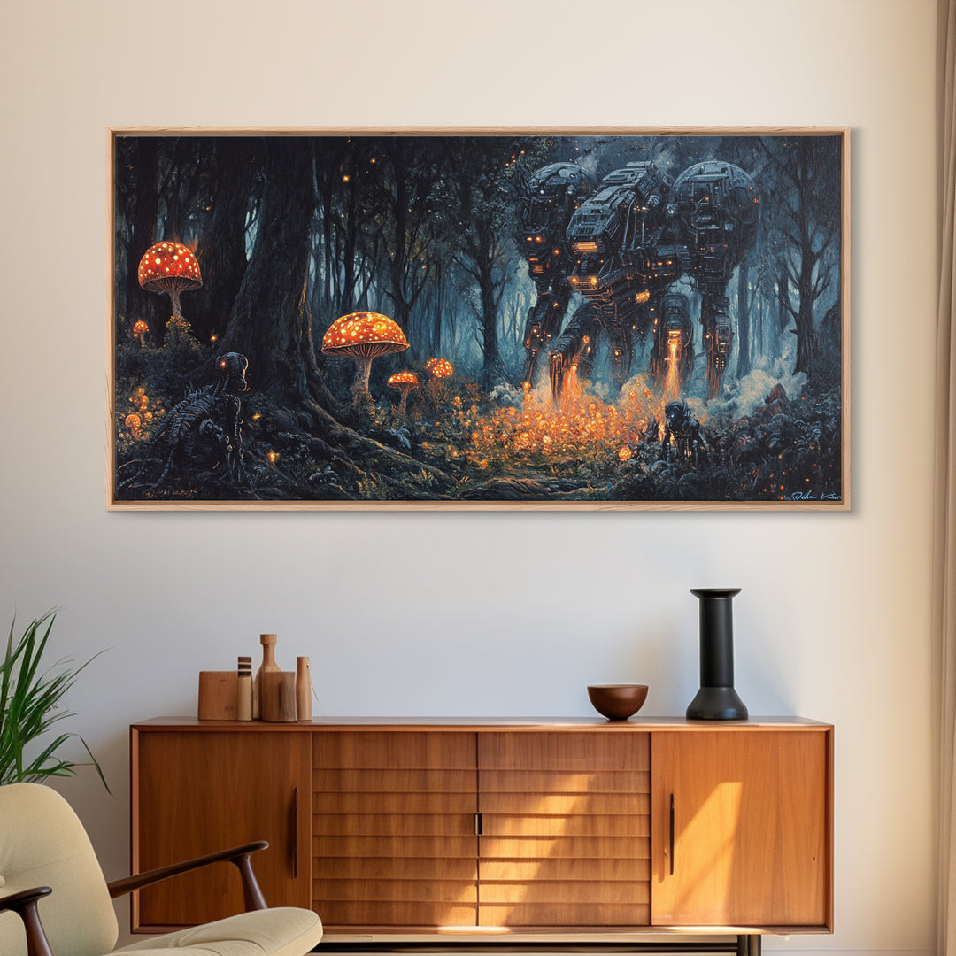 Glowing Mushroom Forest Mech Canvas Print, Dark Sci Fi Fantasy Wall Art, Cyberpunk Decor, Gamer Room Office Art, Gift For Him