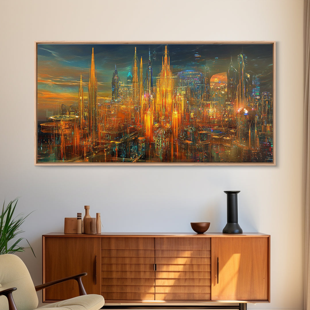 Radiant Futuristic City Skyline Wall Art, Cyberpunk Canvas Print, Sci Fi Urban Decor, Large Modern Office Wall Decor Art