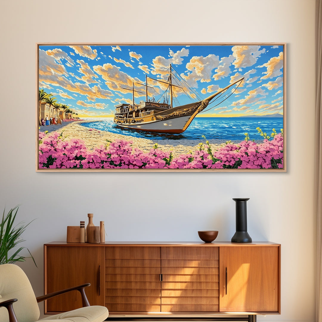 Classic Wooden Sailboat On Sunny Coast Wall Art, Nautical Canvas Print, Beach House Decor, Coastal Living Room Art Print
