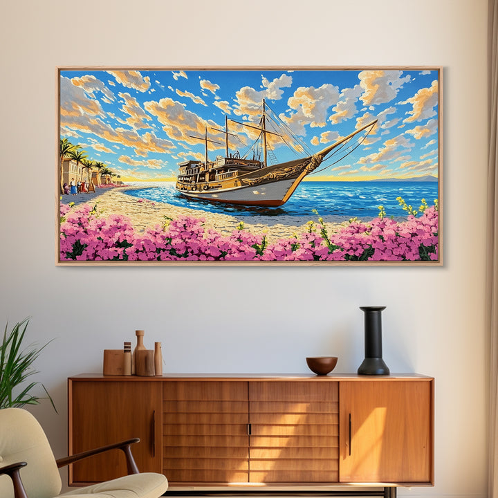 Classic Wooden Sailboat On Sunny Coast Wall Art, Nautical Canvas Print, Beach House Decor, Coastal Living Room Art Print