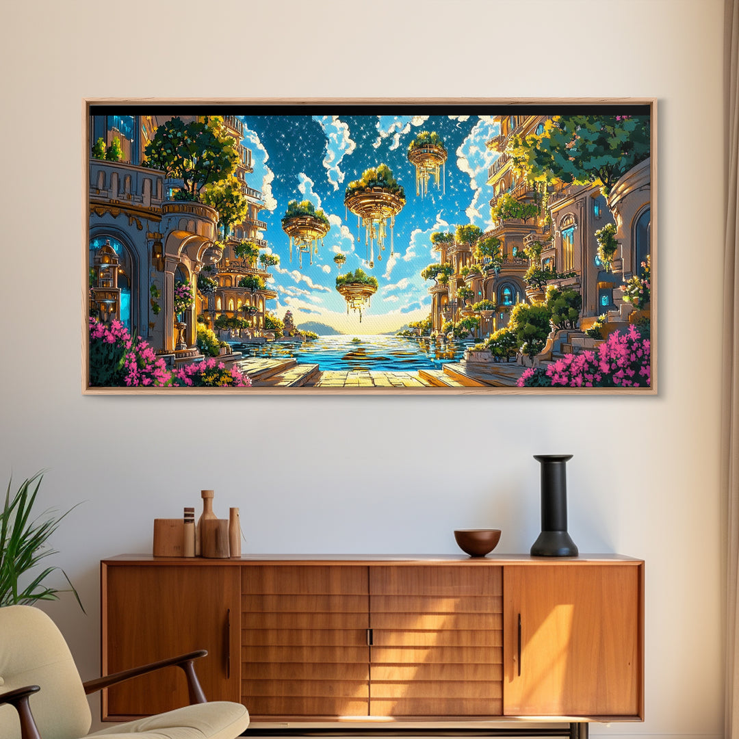 Floating Garden Islands Over Azure Sea Wall Art, Fantasy Coastal Canvas Print, Dreamy Mediterranean Home Decor Art Print