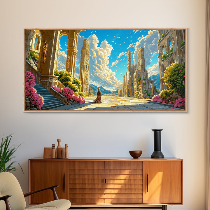 Sunlit Ancient Ruins And Mountain Vista Wall Art, Fantasy Landscape Canvas Print, Elegant Mediterranean Home Decor Print