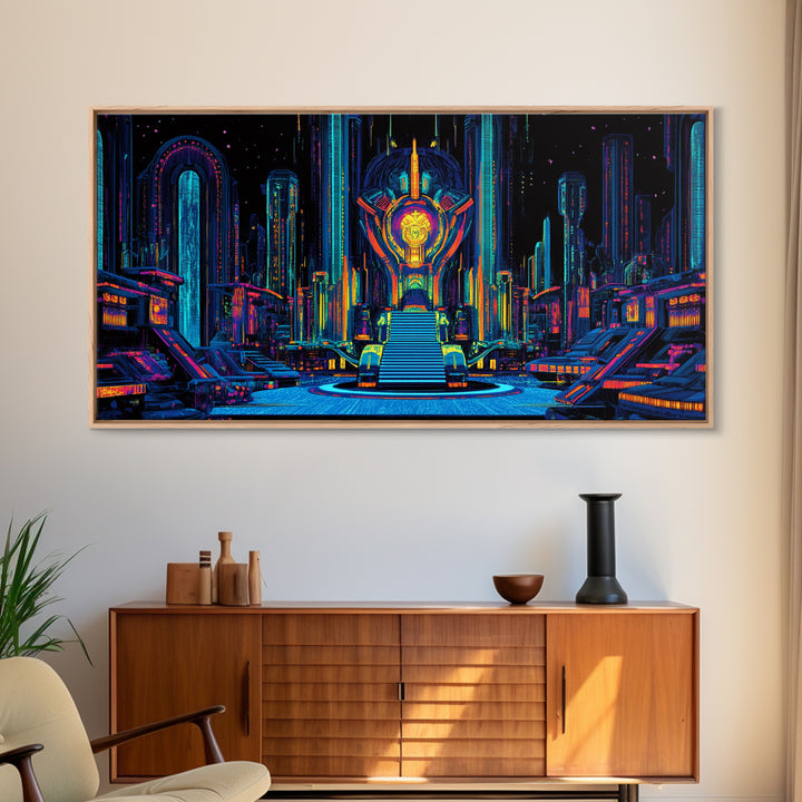 Neon Cyberpunk Throne Room Canvas Print, Futuristic Sci Fi Wall Art, Gaming Room Decor, Vibrant Office Wall Decor, Gift For Him