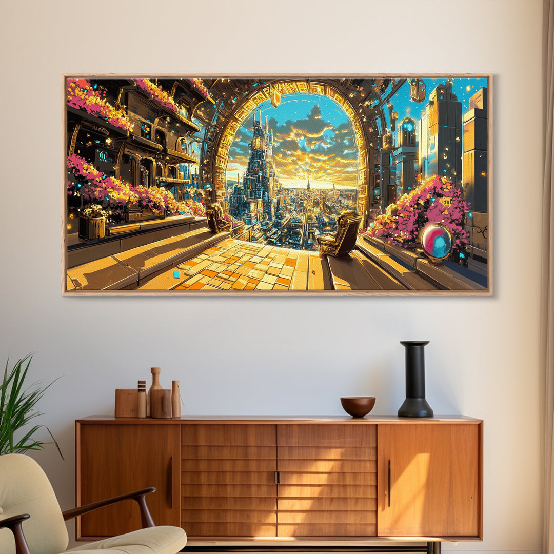 Golden Portal Balcony Over Future City Wall Art, Futuristic Canvas Print, Sci Fi Living Room Decor, Statement Office Art