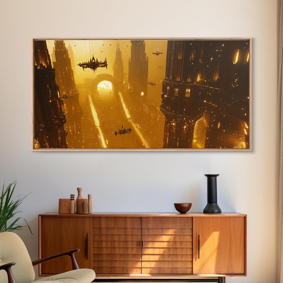 Golden Futuristic Megacity With Airships Wall Art, Sci Fi Cityscape Canvas, Cyberpunk Decor, Large Statement Living Room Print