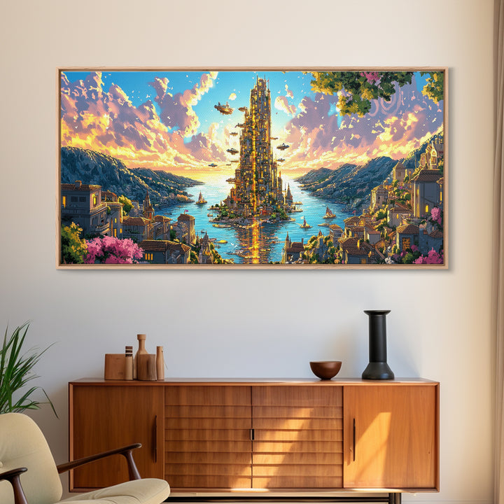 Radiant Island Tower And Alpine Bay Framed Canvas Print, Fantasy Coastal Wall Art, Italy Decor, Colorful Living Room Art