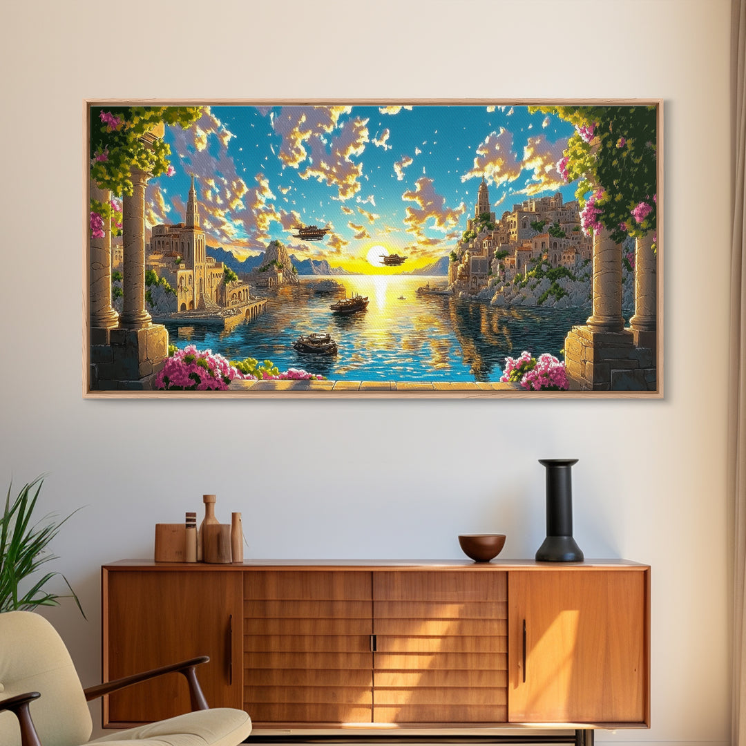 Sunlit Fantasy Harbor With Airships Canvas Print, Mediterranean Coastal Wall Art, Seascape Decor, Bright Living Room Print