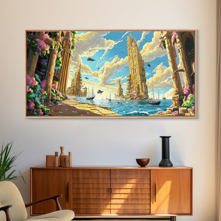 Blooming Fantasy Canal And Golden Towers Wall Art, Coastal Seascape Canvas, Mediterranean Decor, Large Horizontal Living Room Print