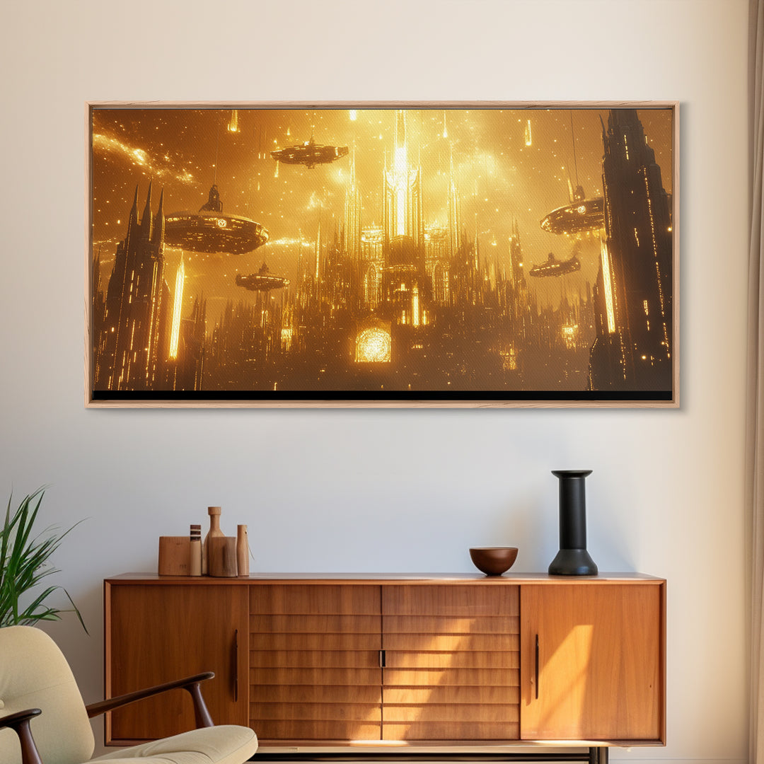 Glowing Golden Future Cathedral And Airships Canvas Print, Sci Fi Wall Art, Luxury Cyberpunk Decor, Oversized Statement Art