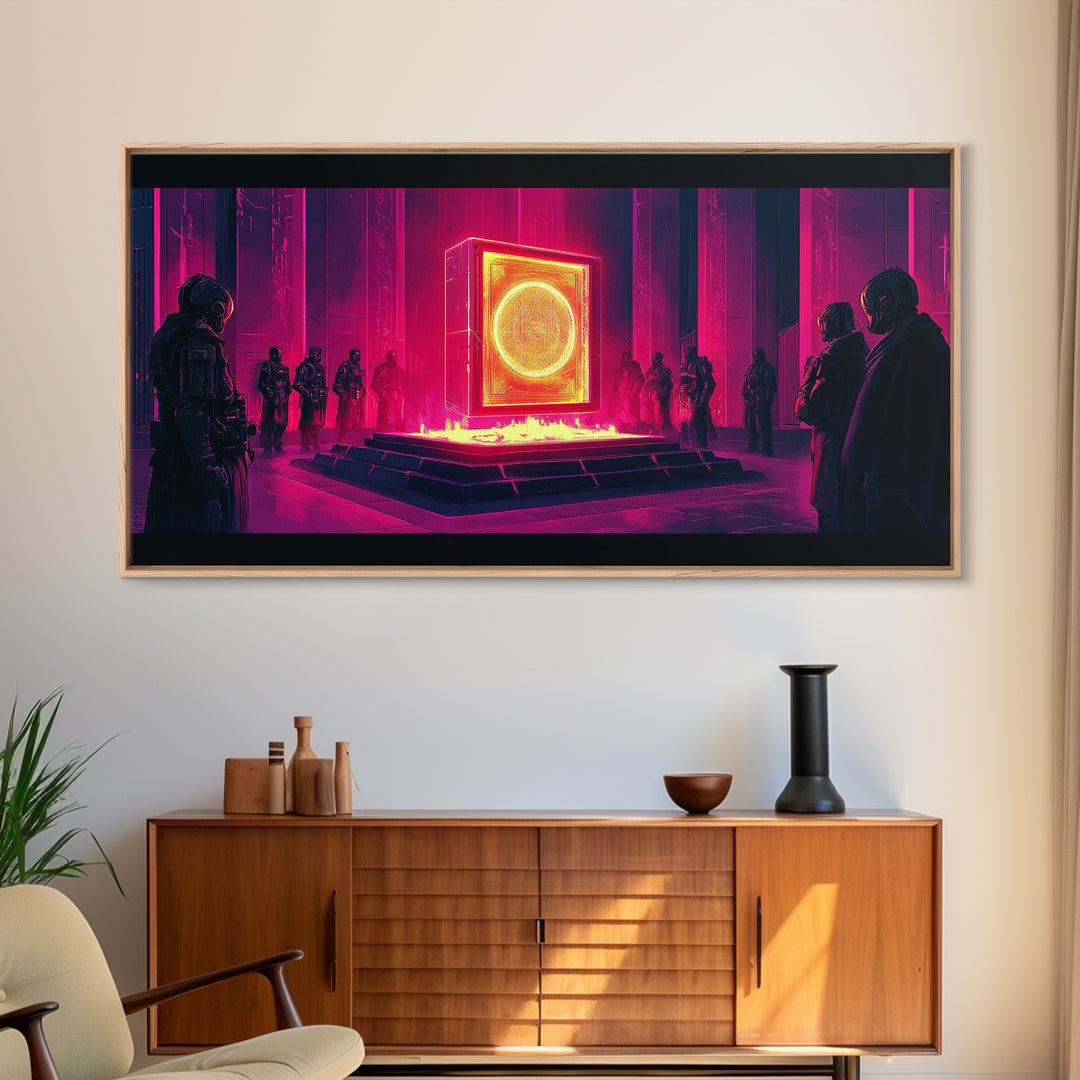Neon Magenta Monolith Ritual Framed Canvas Print, Cyberpunk Wall Art, Sci Fi Decor, Dark Moody Futuristic Gallery Room Poster
