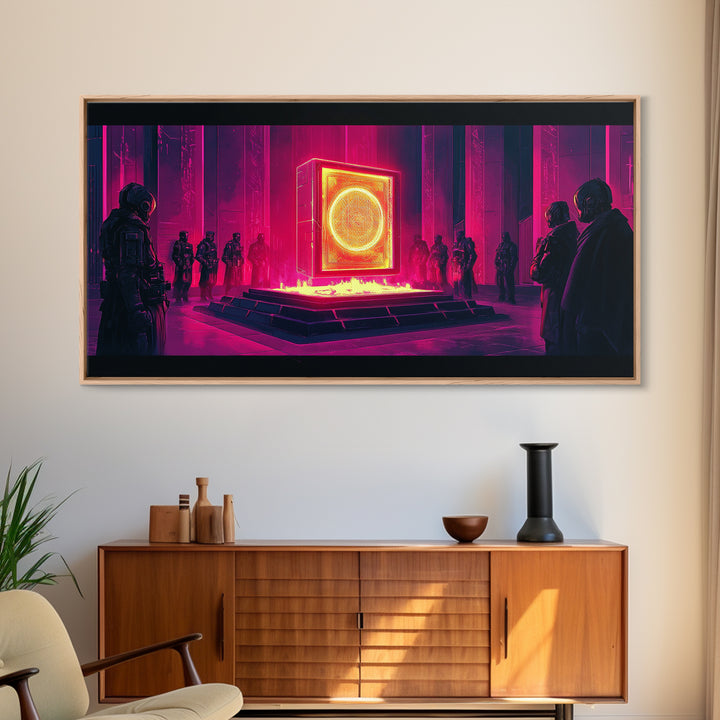 Neon Magenta Monolith Ritual Framed Canvas Print, Cyberpunk Wall Art, Sci Fi Decor, Dark Moody Futuristic Gallery Room Poster