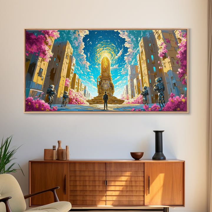 Celestial Portal Monument With Blossoms Wall Art, Modern Futuristic Sci Fi Canvas, Cyberpunk Decor, Vibrant Living Room Print
