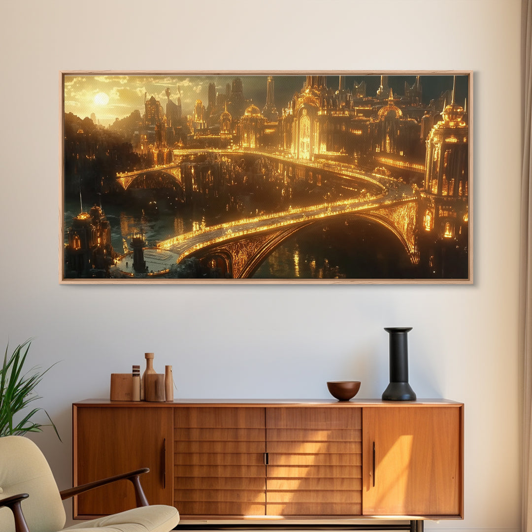 Golden Futuristic Palace City And Bridges Framed Canvas Print, Sci Fi Wall Art, Luxury Cityscape Large Statement Living Room Decor