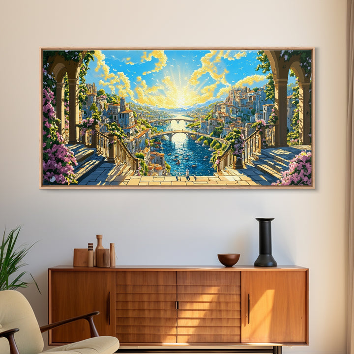 Sunlit Fantasy River City From Balcony Canvas Print, Mediterranean Wall Art, Colorful Coastal Decor, Bright Above Sofa Print