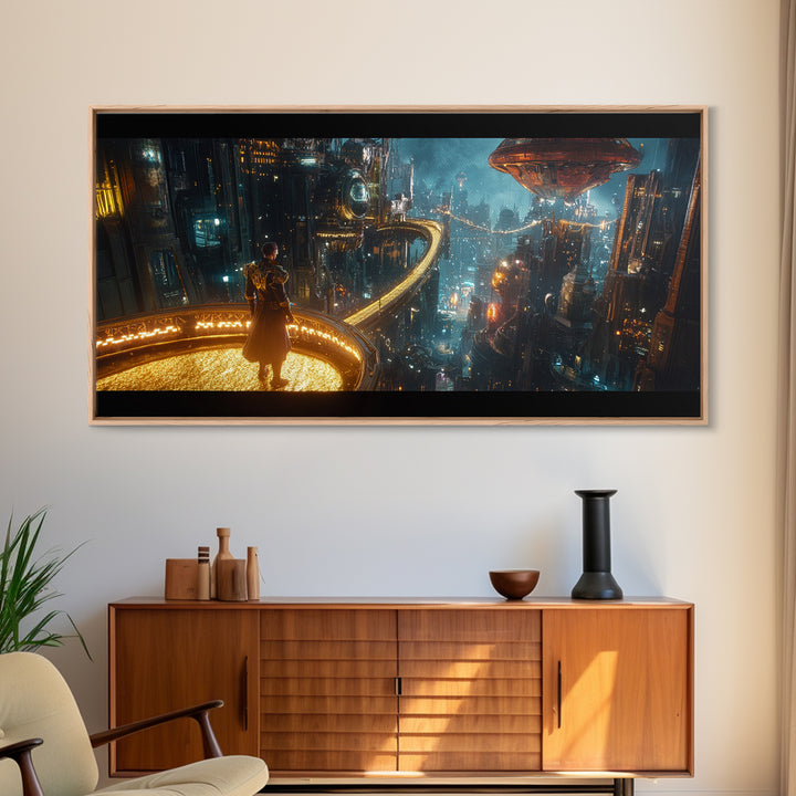 Cyberpunk Balcony Over Neon Megacity Wall Art, Futuristic Sci Fi Canvas, Dystopian Cityscape Large Office Living Room Print