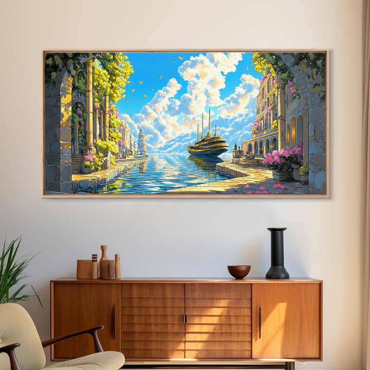 Sunlit Mediterranean Canal And Flowered Stone City Wall Art, Coastal Italy Canvas Print For Living Room Decor And Beach House Decor