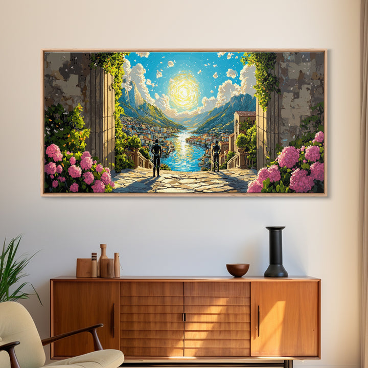 Radiant Alpine Lake Como Village Through Stone Arch Wall Art, Italian Landscape Print For Elegant Home Decor And Travel Lover Gift