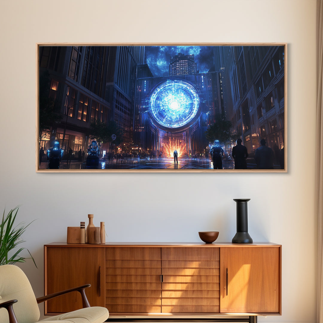 Blue Cosmic Portal Over Dark City Street Framed Canvas Print, Sci Fi Wall Art For Gaming Room Decor And Modern Cyberpunk Decor