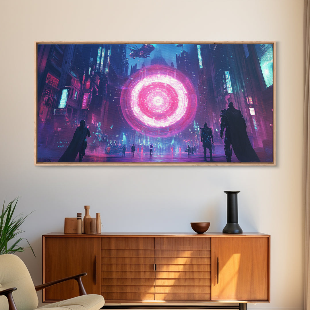 Neon Pink Portal In Rainy Cyberpunk Megacity Canvas Print, Futuristic Wall Art For Gaming Room Decor And Sci Fi Gift For Him