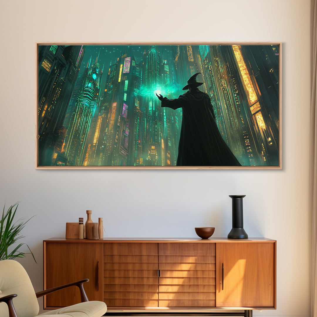 Wizard Casting Green Light In Futuristic Neon City Framed Canvas Print, Cyberpunk Wall Art For Sci Fi Office Decor And Gaming Room