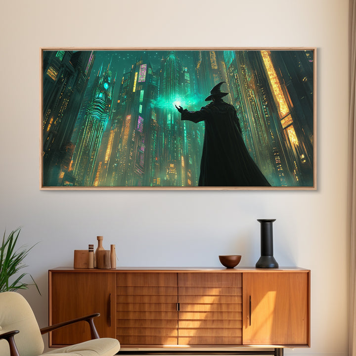 Wizard Casting Green Light In Futuristic Neon City Framed Canvas Print, Cyberpunk Wall Art For Sci Fi Office Decor And Gaming Room