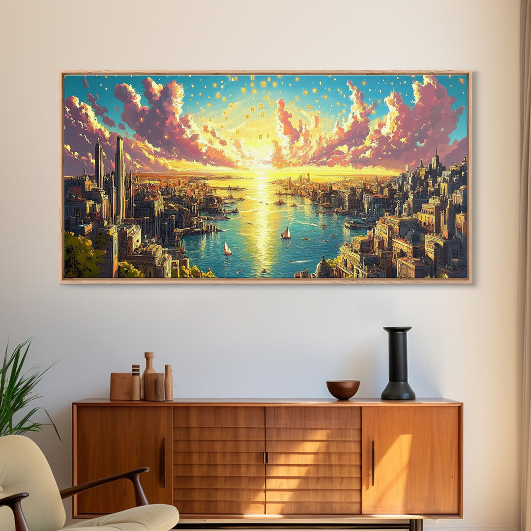 Panoramic Golden Harbor City At Sunrise Wall Art, Futuristic Coastal Canvas Print For Living Room Decor And Large Horizontal Art