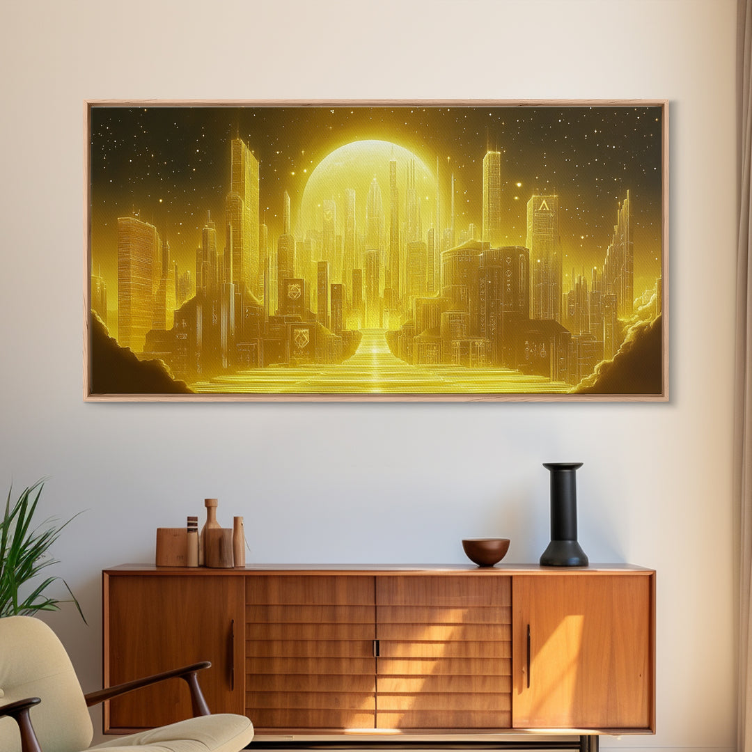 Golden Moon Over Futuristic Skyline And River Wall Art, Celestial City Canvas Print For Modern Office Decor And Sci Fi Home Decor