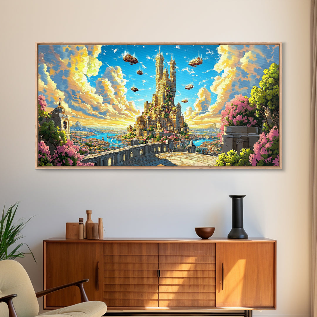 Sunlit Floating Castle City Canvas Print, Fantasy Wall Art, Dreamy Landscape Decor For Large Living Room, Whimsical Sky Kingdom Art