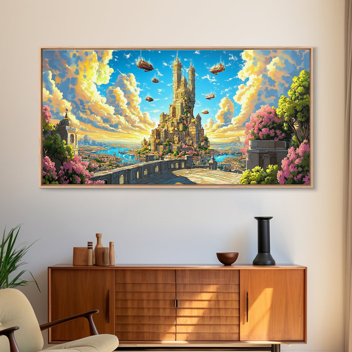Sunlit Floating Castle City Canvas Print, Fantasy Wall Art, Dreamy Landscape Decor For Large Living Room, Whimsical Sky Kingdom Art