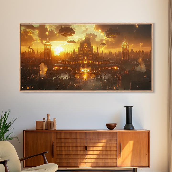 Golden Steampunk Palace Skyline Framed Canvas Print, Fantasy Wall Art, Futuristic Cityscape For Moody Office Decor And Living Room Decor