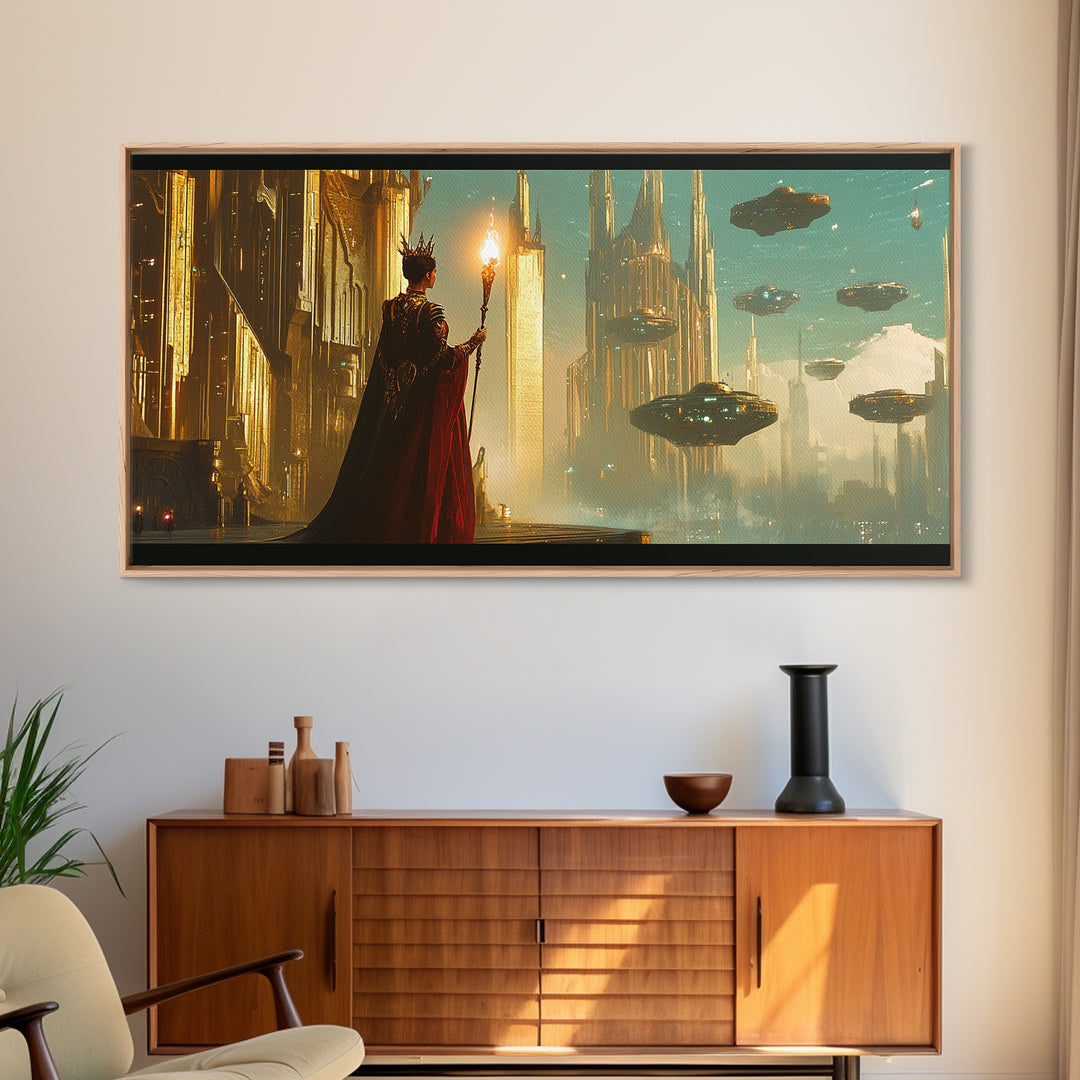 Cloaked Mage With Torch Canvas Print, Fantasy Wall Art, Futuristic Cityscape, Dark Academia Office Decor, Sci Fi Art, Gift For Him