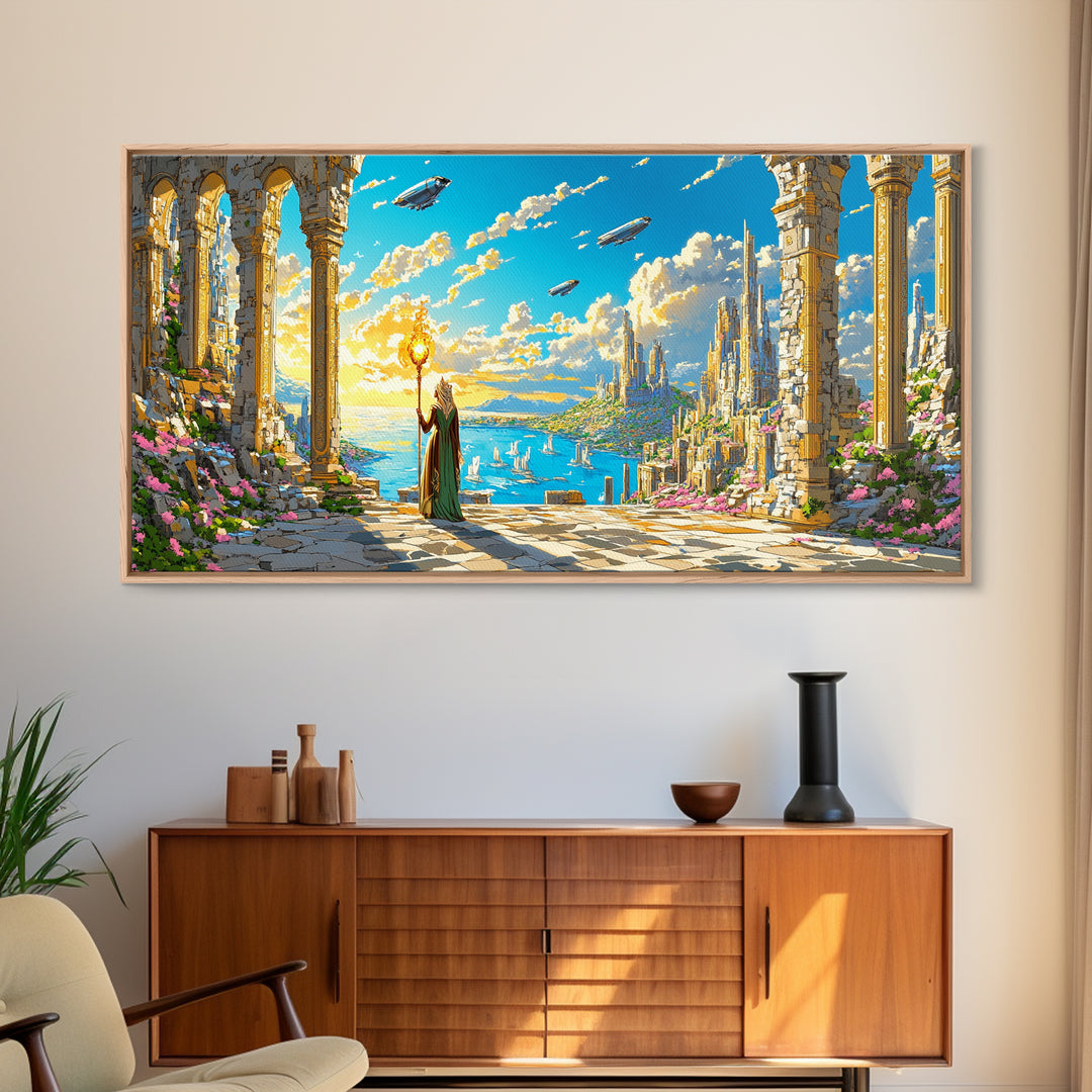Ancient Ruins Over Ocean Canvas Print, Fantasy Wall Art, Coastal Sky Kingdom Landscape, Whimsical Living Room Decor And Office Art
