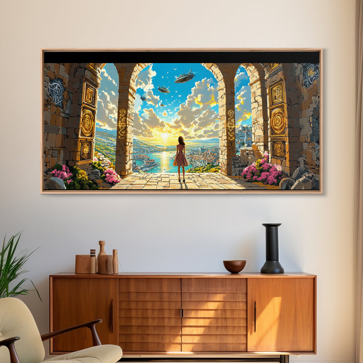 Girl At Golden Archway Canvas Print, Fantasy Wall Art, Magical City View, Whimsical Bedroom Decor And Nursery Wall Art Print