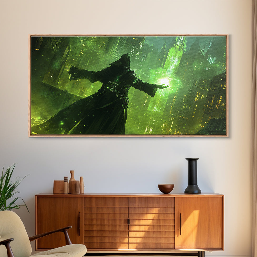 Emerald Dark Sorcerer Canvas Print, Fantasy Wall Art, Green Sci Fi Cityscape, Gothic Office Decor And Gaming Room Art For Him