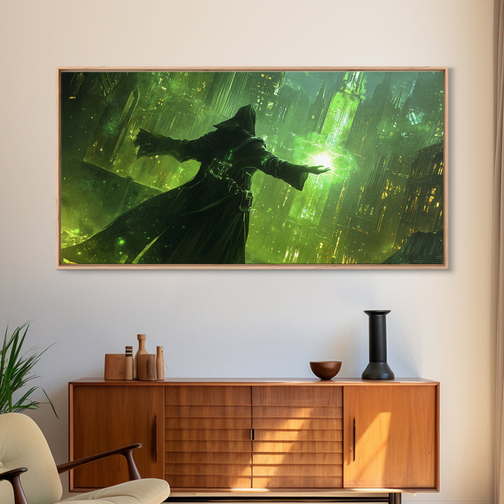 Emerald Dark Sorcerer Canvas Print, Fantasy Wall Art, Green Sci Fi Cityscape, Gothic Office Decor And Gaming Room Art For Him