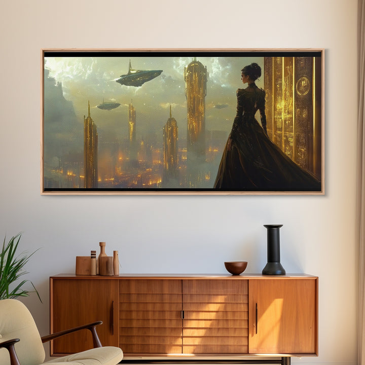 Elegant Woman Over Golden City Framed Canvas Print, Fantasy Wall Art, Futuristic Skyline Decor, Dark Feminine Office Art