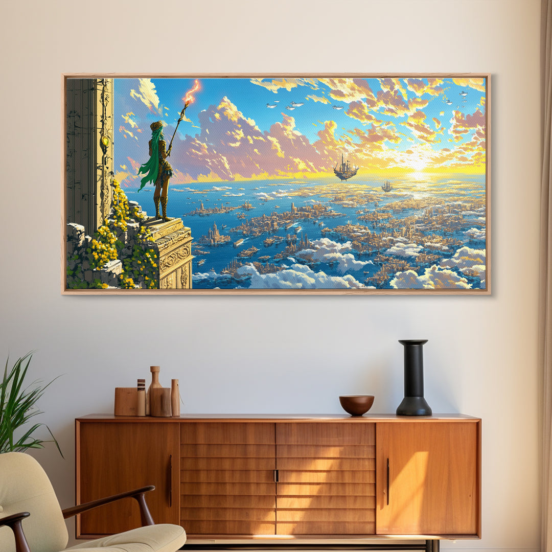 Green Robed Mage Above Cloud City Canvas Print, Fantasy Wall Art, Ocean Sky Landscape, Magical Coastal Living Room Decor