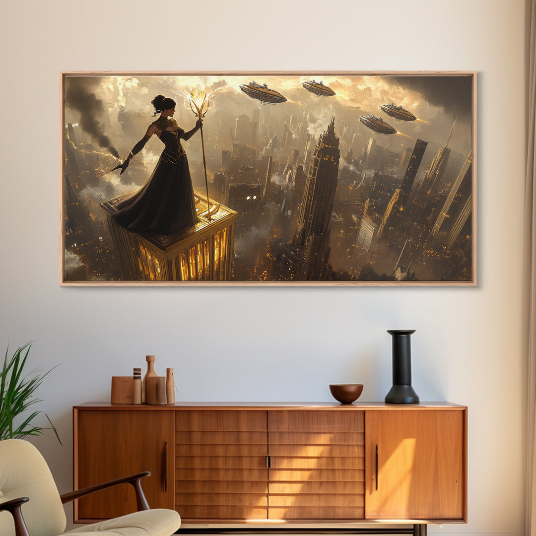 Dark Sorceress On Skyscraper Canvas Print, Fantasy Wall Art, Golden Dystopian City, Gothic Office Decor And Sci Fi Art For Him