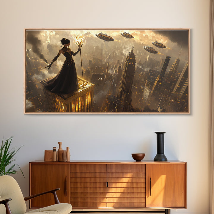 Dark Sorceress On Skyscraper Canvas Print, Fantasy Wall Art, Golden Dystopian City, Gothic Office Decor And Sci Fi Art For Him