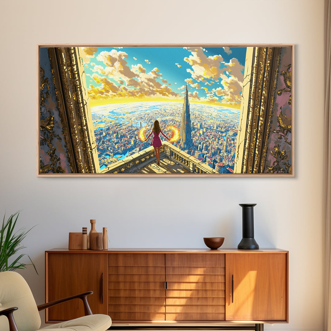 Girl With Fiery Wings Canvas Print, Fantasy Wall Art, Bright Futuristic Cityscape, Magical Bedroom Decor And Heroine Art