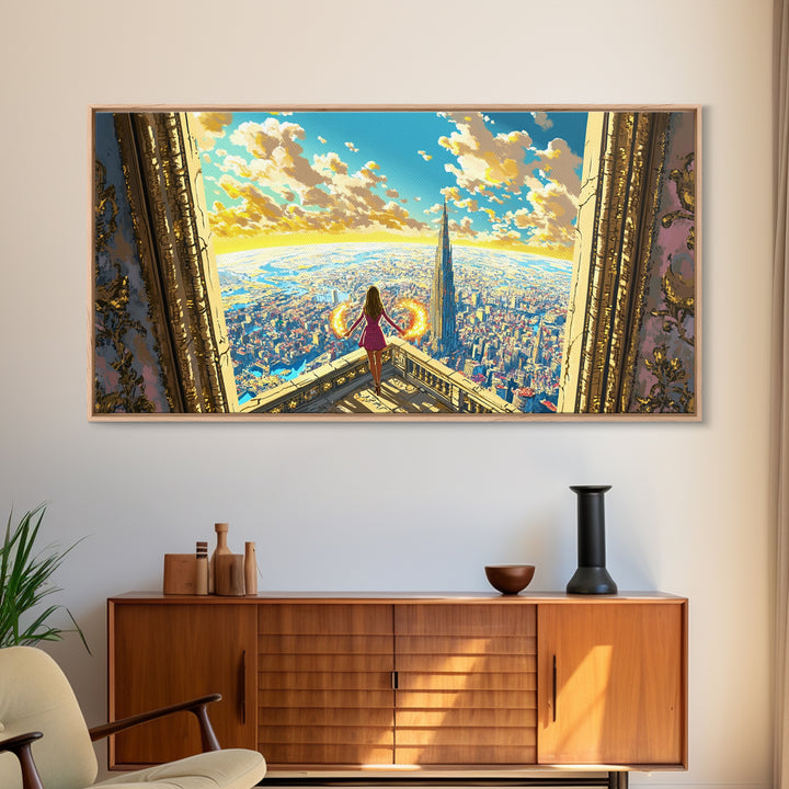 Girl With Fiery Wings Canvas Print, Fantasy Wall Art, Bright Futuristic Cityscape, Magical Bedroom Decor And Heroine Art