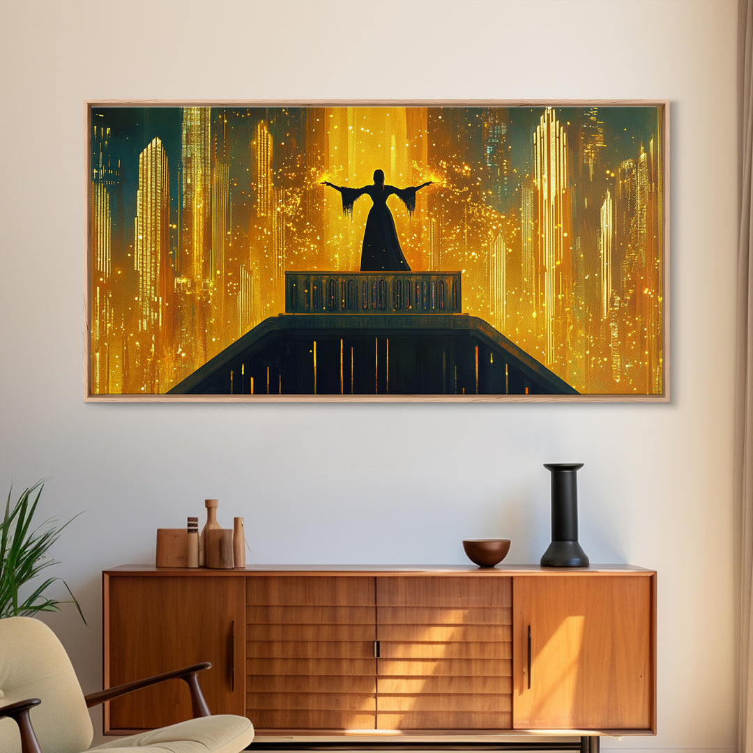 Golden Futuristic City Silhouette Canvas Print, Sci Fi Wall Art, Cyberpunk Skyline Decor, Neon Fantasy Living Room Art Poster