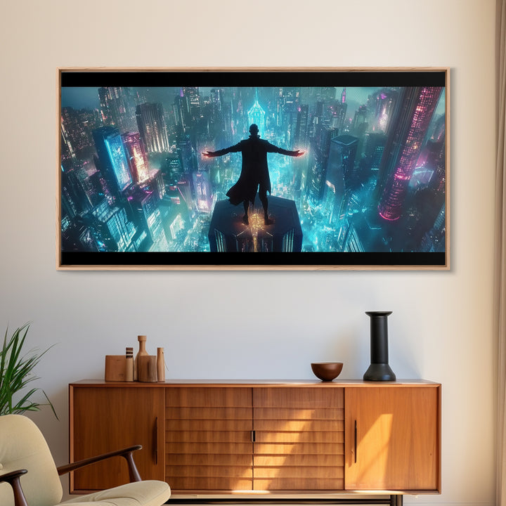 Neon Cyberpunk Skyline Framed Canvas Print, Futuristic City Wall Art, Sci Fi Gamer Room Decor And Dystopian Poster Prints