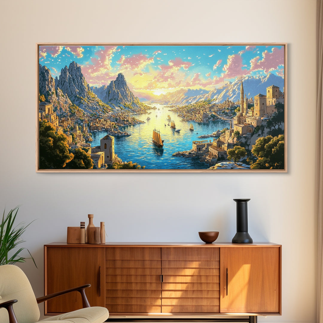 Mediterranean Mountain Harbor Canvas Print, Fantasy Seascape Wall Art, Coastal Village Decor For Living Room And Office Decor