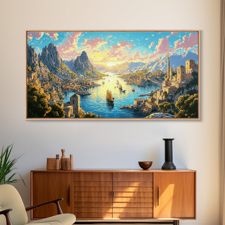 Mediterranean Mountain Harbor Canvas Print, Fantasy Seascape Wall Art, Coastal Village Decor For Living Room And Office Decor