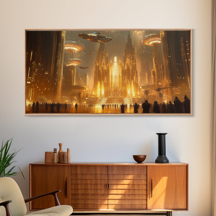Golden Alien Metropolis Canvas Print, Sci Fi Futuristic City Wall Art, Ufo Fantasy Skyline Decor For Gamer Room And Office