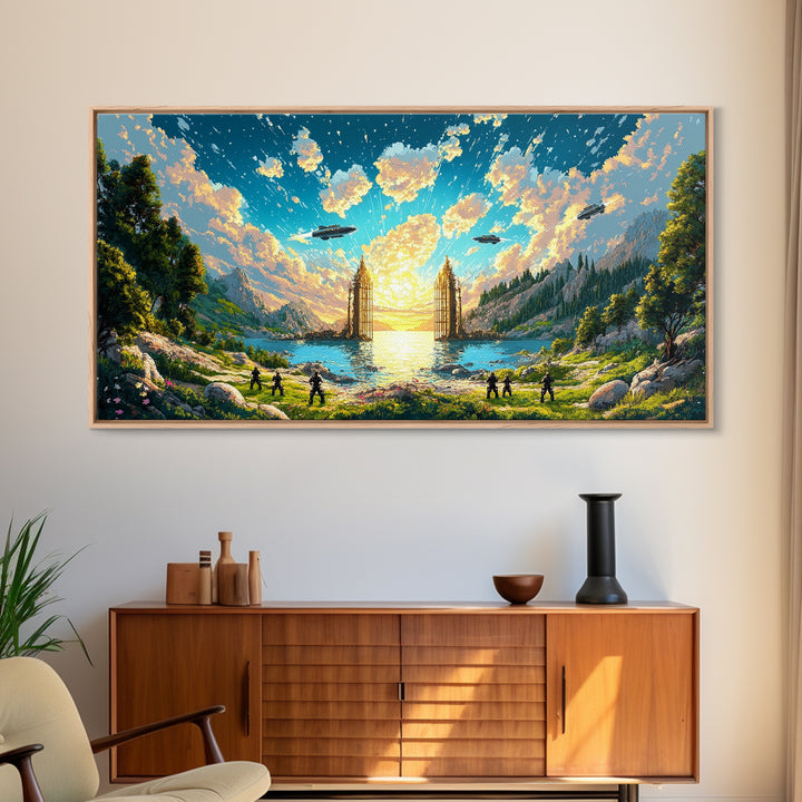 Fantasy Valley Portal Canvas Print, Epic Mountain Lake Wall Art, Adventure Landscape Decor For Kids Room And Gamer Room Poster