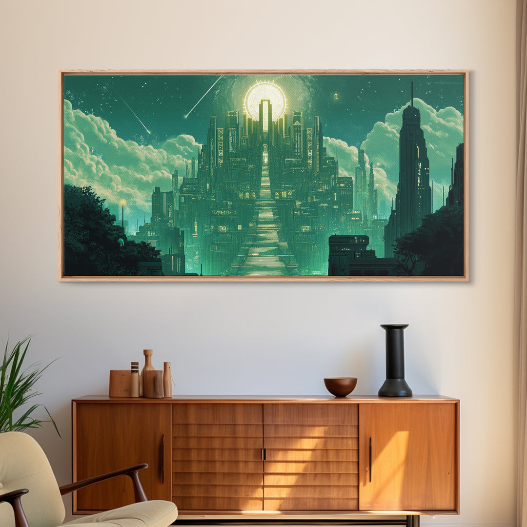 Emerald Celestial Temple Wall Art, Mystical Green City Canvas Print, Sci Fi Fantasy Decor For Meditation Room And Office